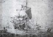 Monamy, Peter A two-decker man-o-war shortening sail seen from the port bow other craft lightly pencilled in the background oil painting picture wholesale